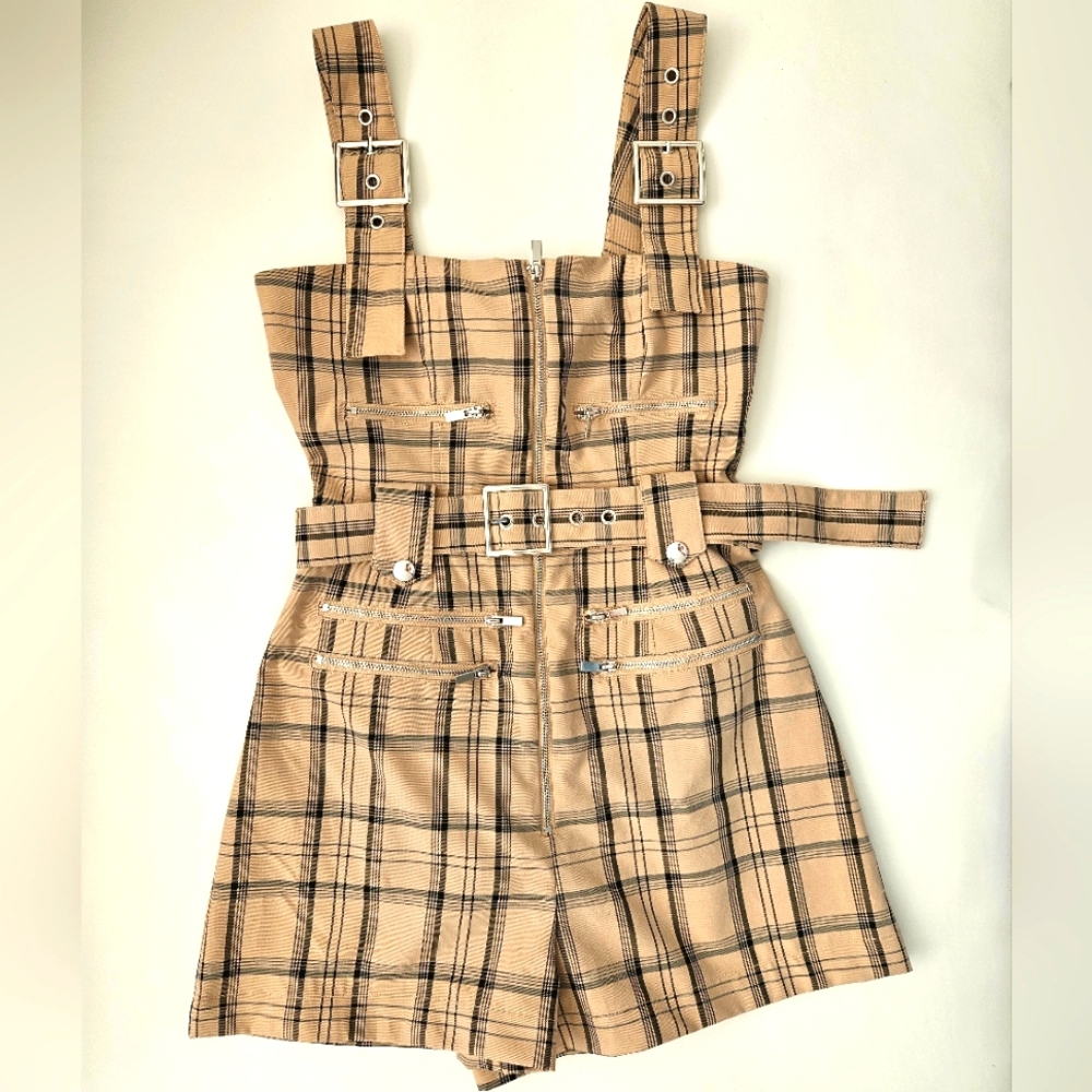 WeWoreWhat Romper, Beige Tartan Plaid Pattern, Size XS